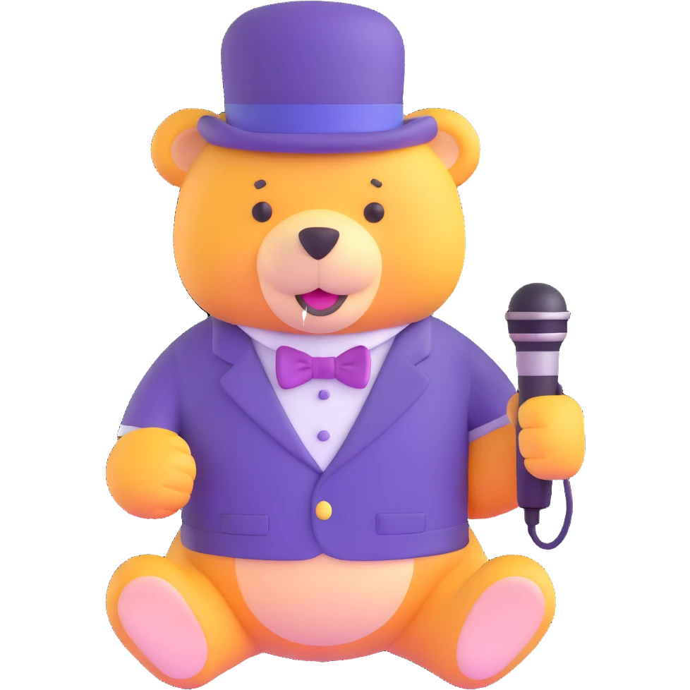 yellow bear plushy with a purple top hat and a mic emoji