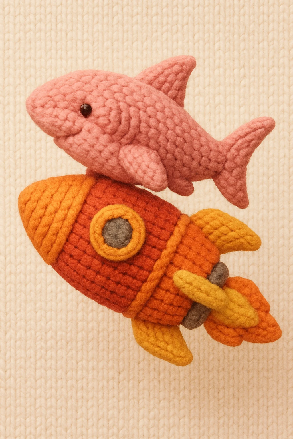 a pink shark riding a rocket, whimsical, knitted patch style emoji
