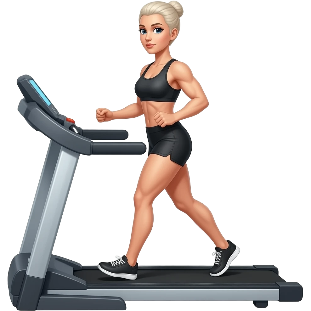 female, very short hair, thin, but muscular on a treadmill emoji