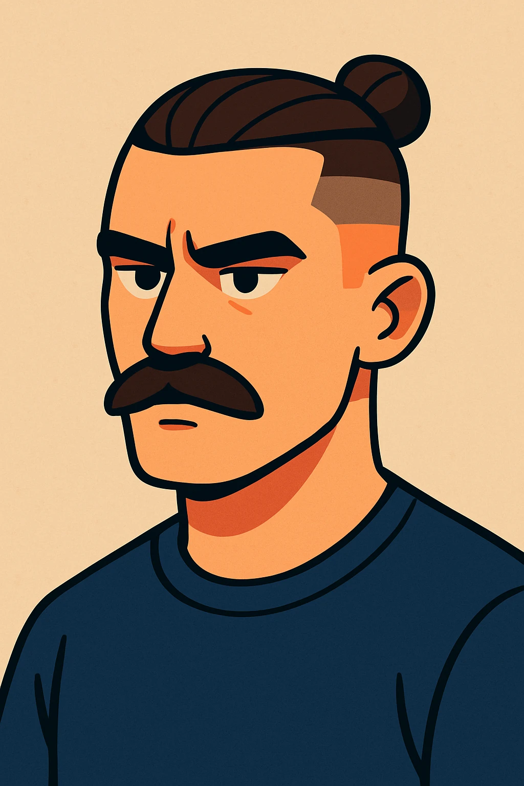 A vibrant cartoon style illustration of a guy with a moustache and a man bun, low taper fade haircut, looking serious, neutral background. emoji