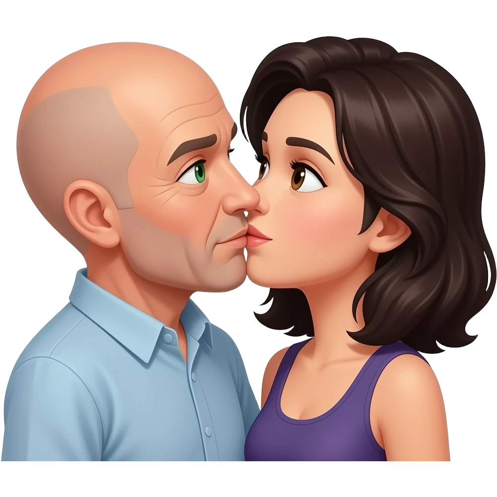 Middle age, bald man withgreen eyes, kissing a dark haired woman with brown eyes emoji