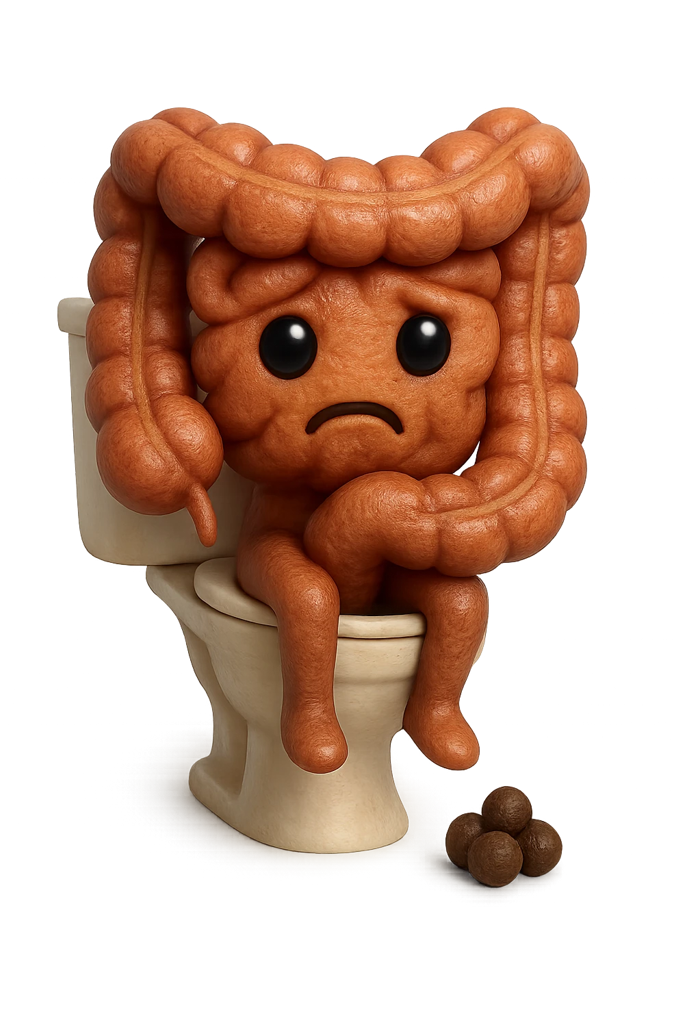 EMOJI STILE IPHONE 3D DI UN INTESTINO CHE sta seduto sul wc e davanti ha una montagnetta di feci a palline stile emoji iphone E FALLO MOLTO REALISTICO IN 3D emoji