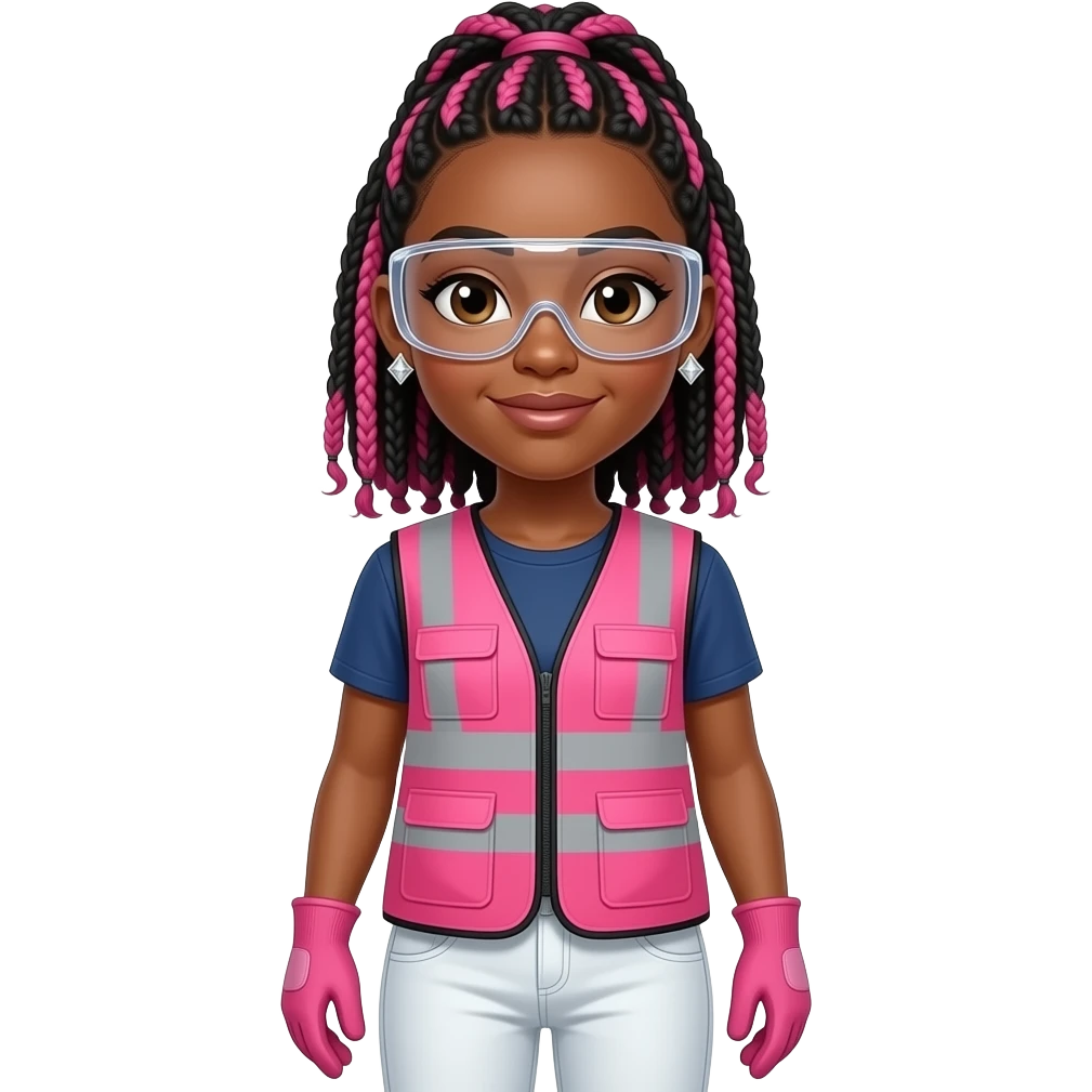 African American woman with brown eyes with pink and black box braids wearing diamond earrings wearing pink and clear safety glasses wearing a pink construction vest wearing white pans wearing pink construction vest wearing white pants wearing pink construction gloves emoji