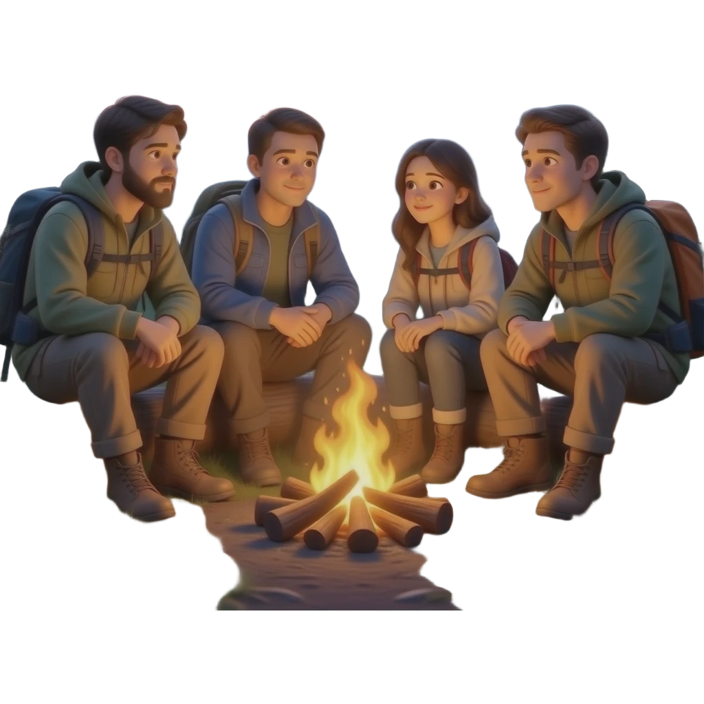 race men and women sitting around a campfire wearing camping clothing no visible backpacks emoji
