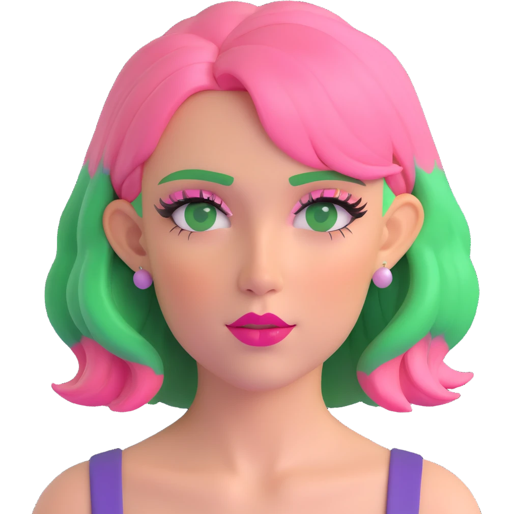 an excited woman with blond and pink hair and green make up emoji