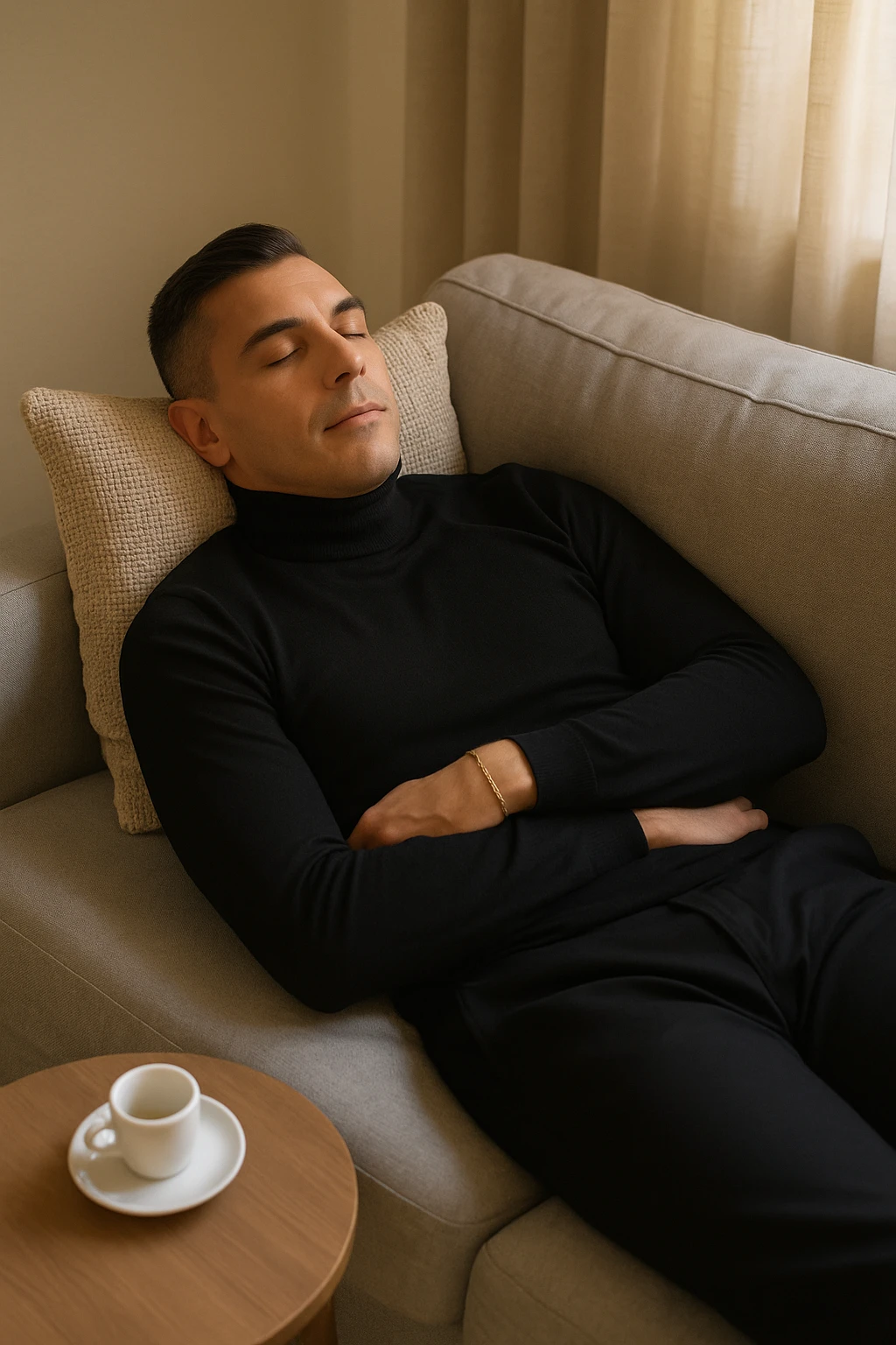 Uomo adulto in abiti casual in un ambiente domestico o ufficio tranquillo, mentre beve un caffè espresso con espressione consapevole. Subito dopo, si sdraia su un divano per un breve riposo di 20 minuti, occhi chiusi, posizione rilassata. La stanza è luminosa ma tranquilla, luce pomeridiana morbida che filtra dalla finestra. Atmosfera rigenerante e silenziosa. Accanto a lui, una tazzina vuota. Il suo viso appare calmo, in attesa del recupero energetico emoji
