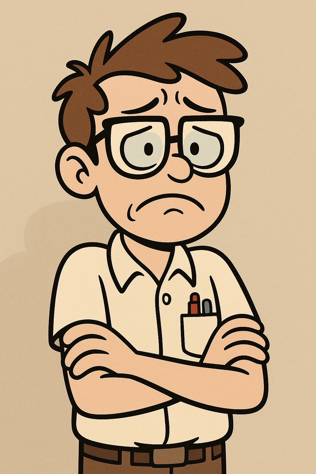 nerd character with glasses, arms crossed, looking worried, modern cartoon style emoji