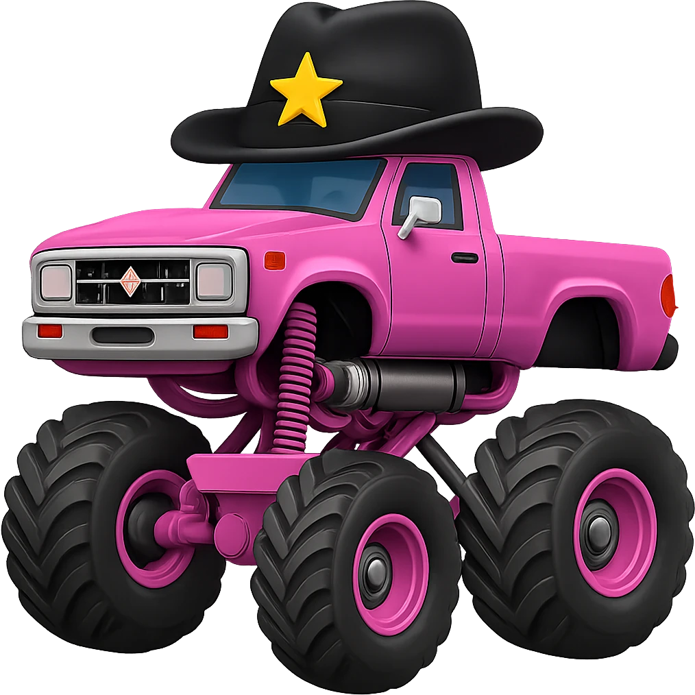 Big car monster truck, apple style emoji, pink, with a hat, with a star emoji