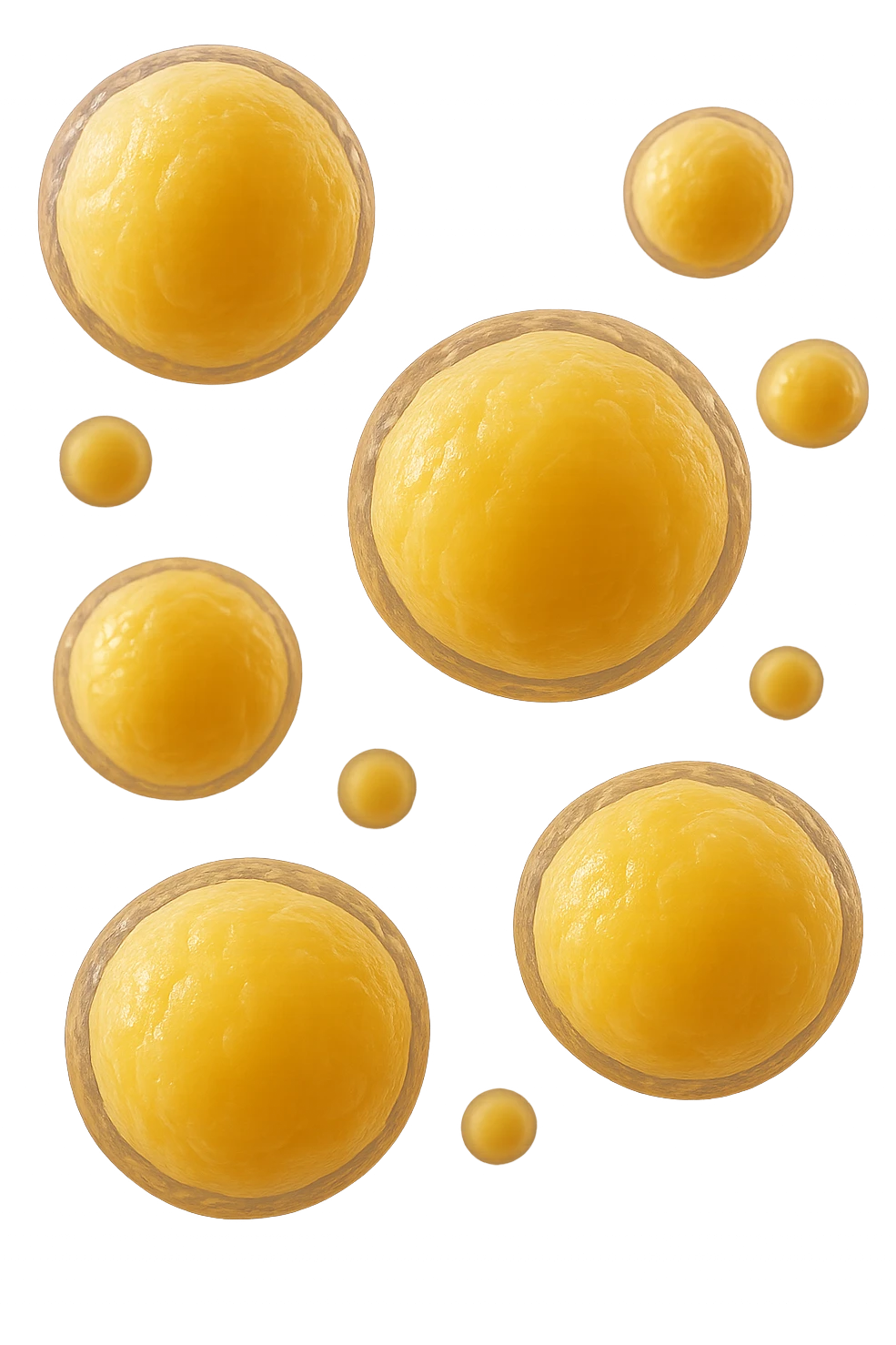 adipociti (cellule gialle) anatomiche realistiche fluttuano in aria, iperrealistico 4k emoji