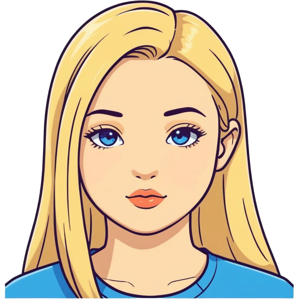 Chica rubia cara redonda pelo rubio lacio con raya al costado ojos celestes nariz recta labios gruesos emoji