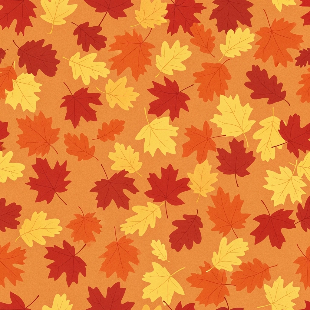 fall leaves seamless background, maple and oak leaves, red orange yellow brown, scattered pattern, soft texture, warm cozy vibe emoji
