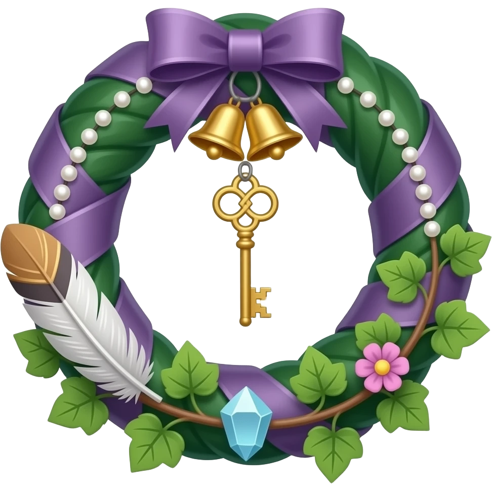 Smooth shiny decorative aesthetic glorious beautiful pretty hunter-Forest-green and deep-dusty-violet wreath circle hanging decoration With hangin bells, hanging keys, hanging trinkets, hanging feathers, hanging beads and pearls, ribbon, leaves, ivies, floral, crystals, etc. emoji