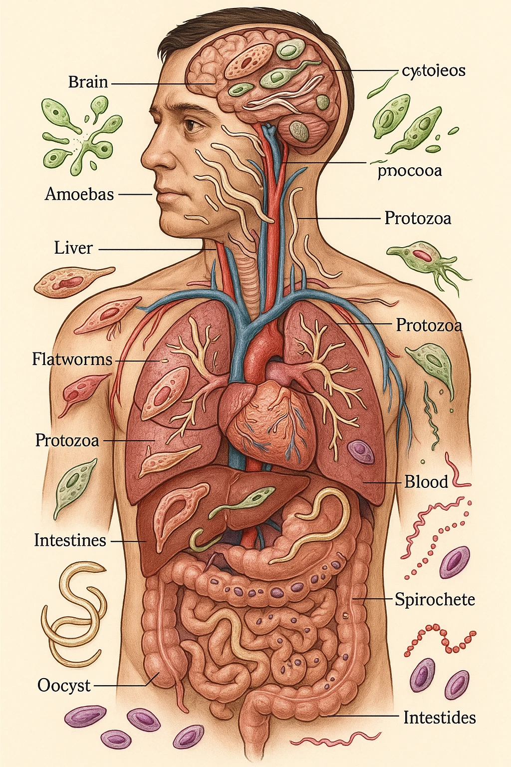 Parassiti che invadono tutti gli organi dentro il corpo umano di un uomo emoji