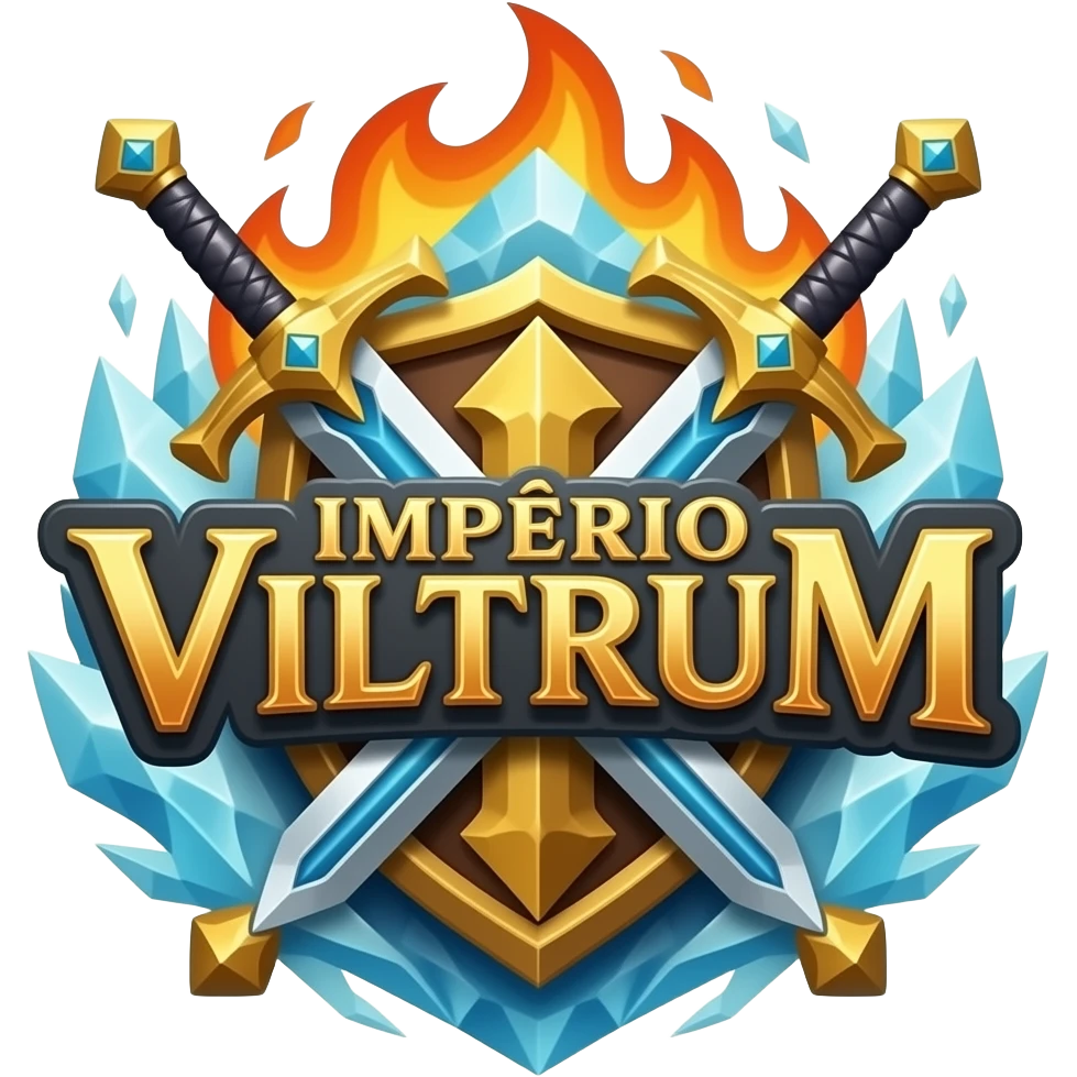 logo para guilda de rpg escrito IMPÉRIO VILTRUM com espadas de magia, ao redor da logo com fogo e gelo emoji
