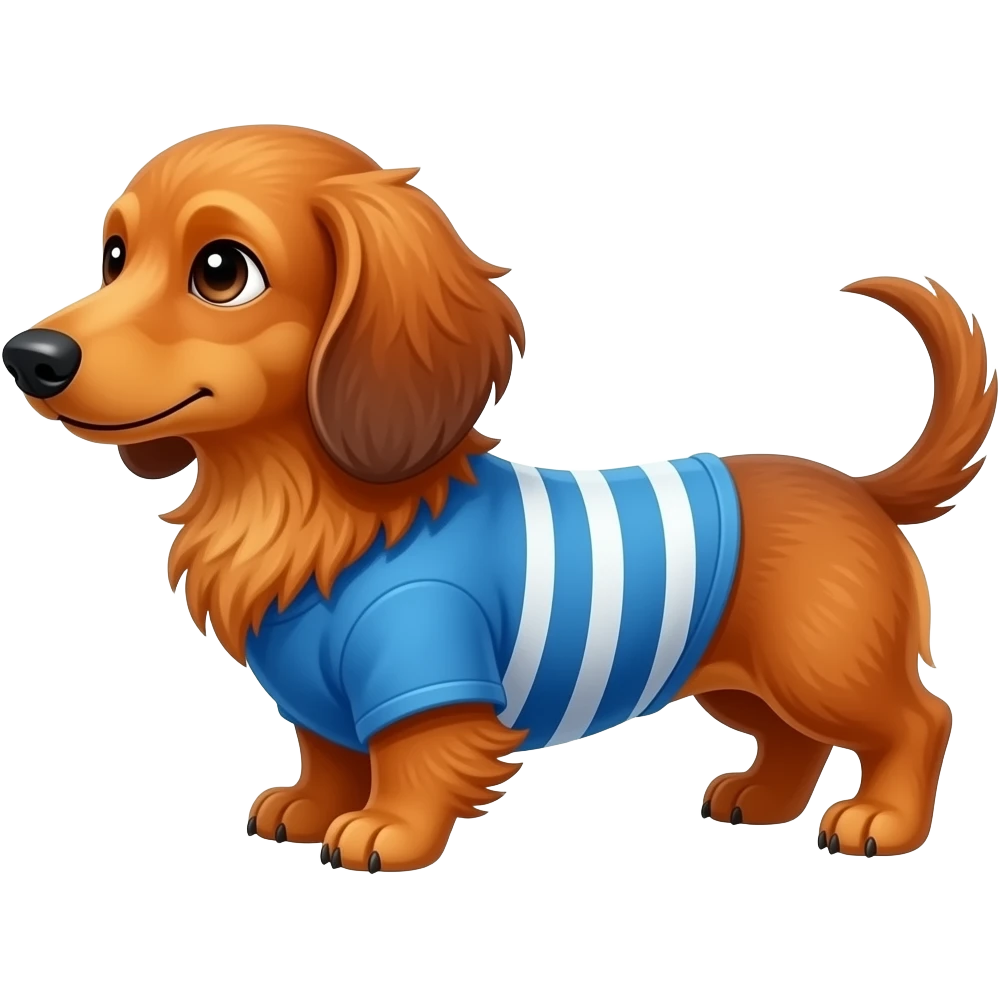 такса длинношерстная рыжая стоит боком в футболке голубой в белую полосочку emoji