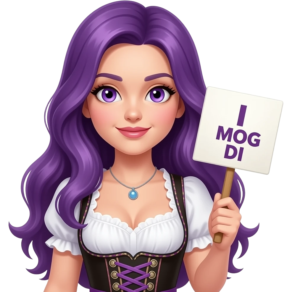 sexy girl with long purple hair and purple eyes wearing a dirndl holding a I MOG DI sign emoji