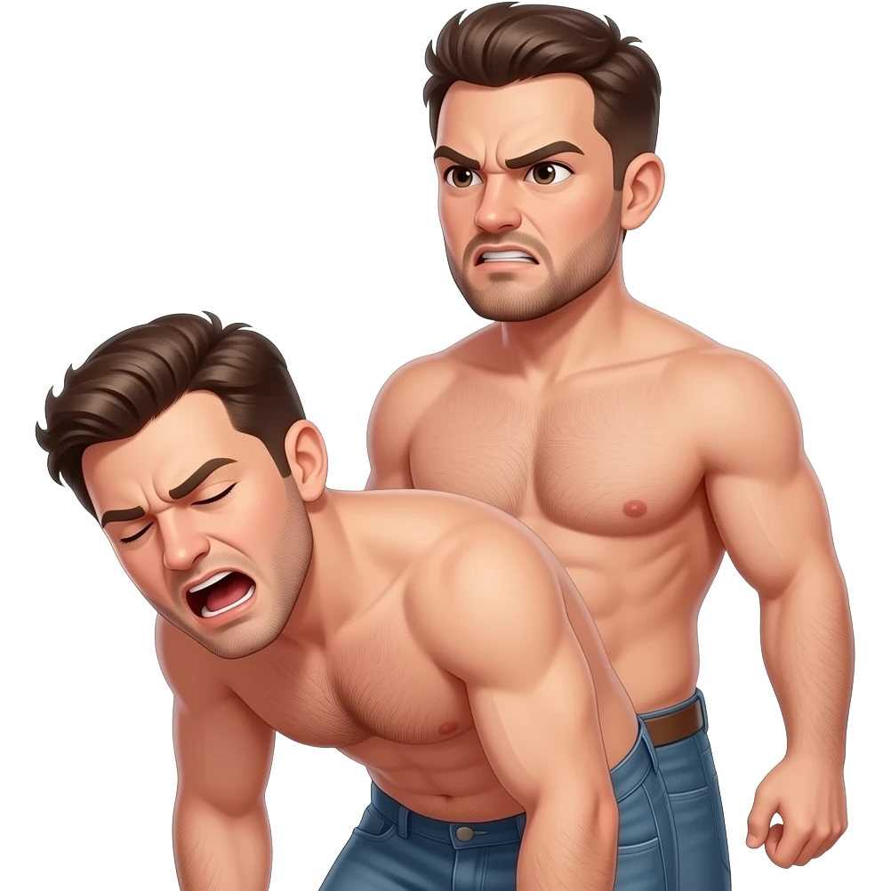 Naked hairy moaning man bending over, a stronger naked hairy angry man standing behind him emoji