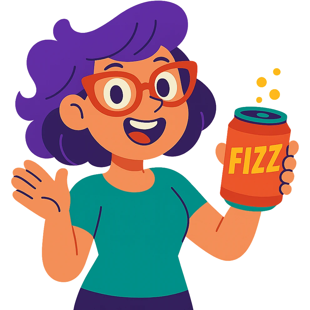 cartoon woman with purple hair, red glasses, and a can of fizz, showing her bubbly personality emoji