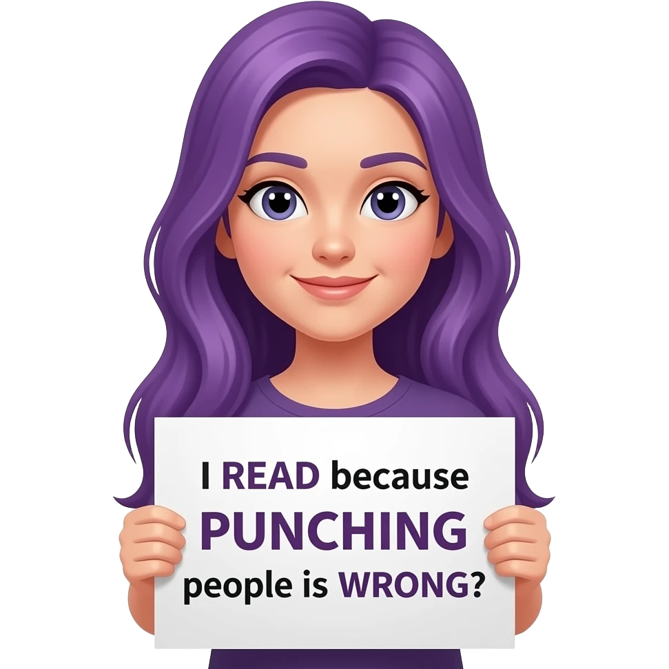 girl with long purple hair holding a I READ because PUNCHING people is WRONG sign emoji