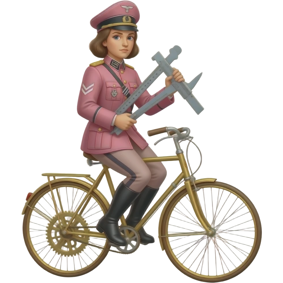 steampunk - Leonardo Da Vinci in a pink German World War II uniform transports the thin and serious Joan of Arc on a vélocipède, Joan of Arc carries a huge school caliper in her hands emoji