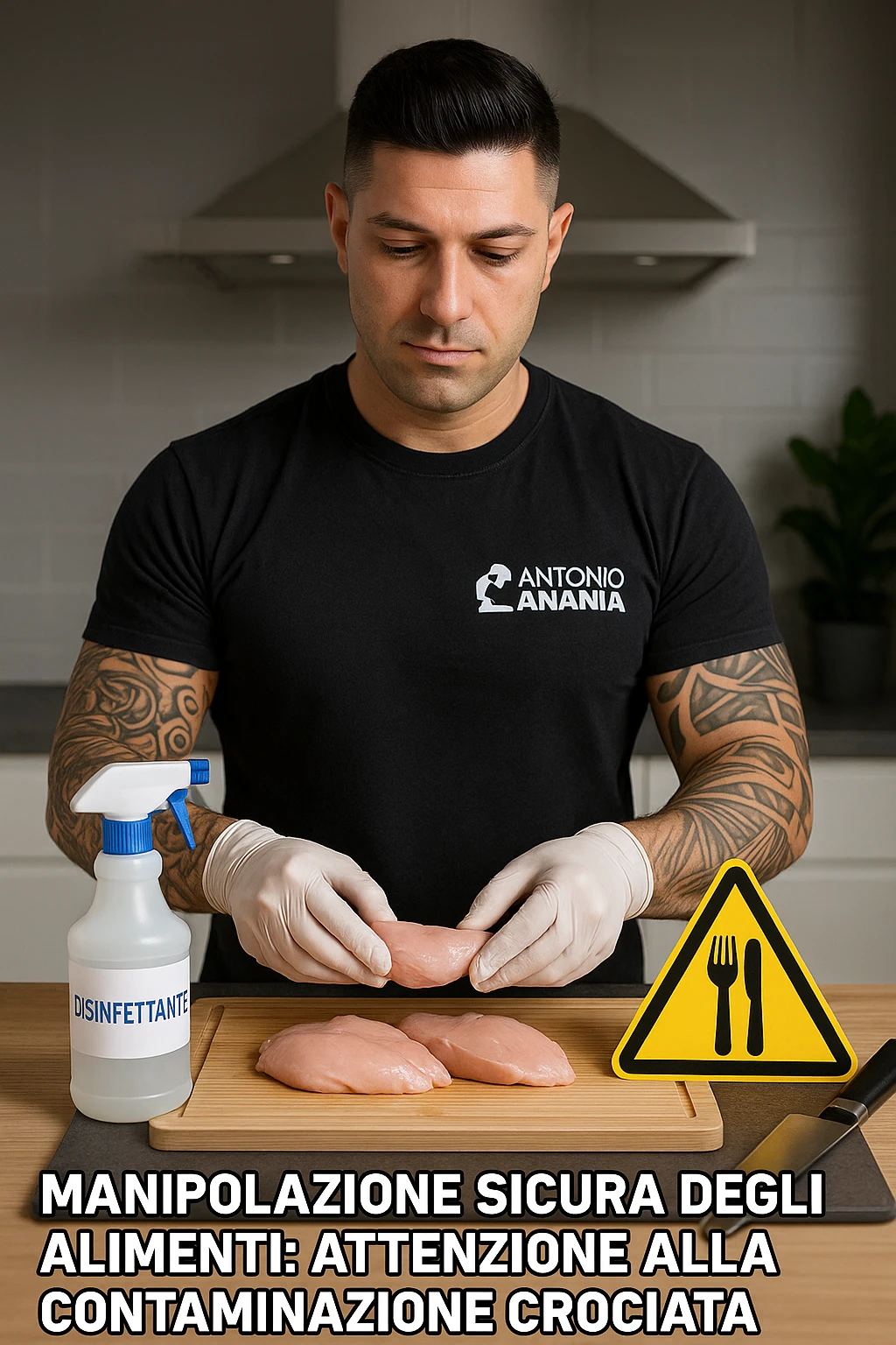 a man person in a modern kitchen handles raw chicken breasts on a cutting board, wearing disposable gloves. Nearby, a bottle of disinfectant spray, a separate knife for vegetables, and a warning sign about cross-contamination are clearly visible. The mood is educational, emphasizing safe food handling. in italiano emoji