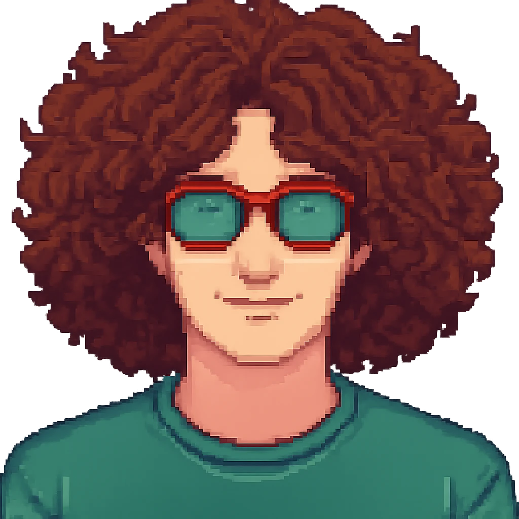 Make the hair much bigger on the face of a man with a lot of brown hair and red glasses, keep the style the same. Remove the background to isolate the subject. emoji