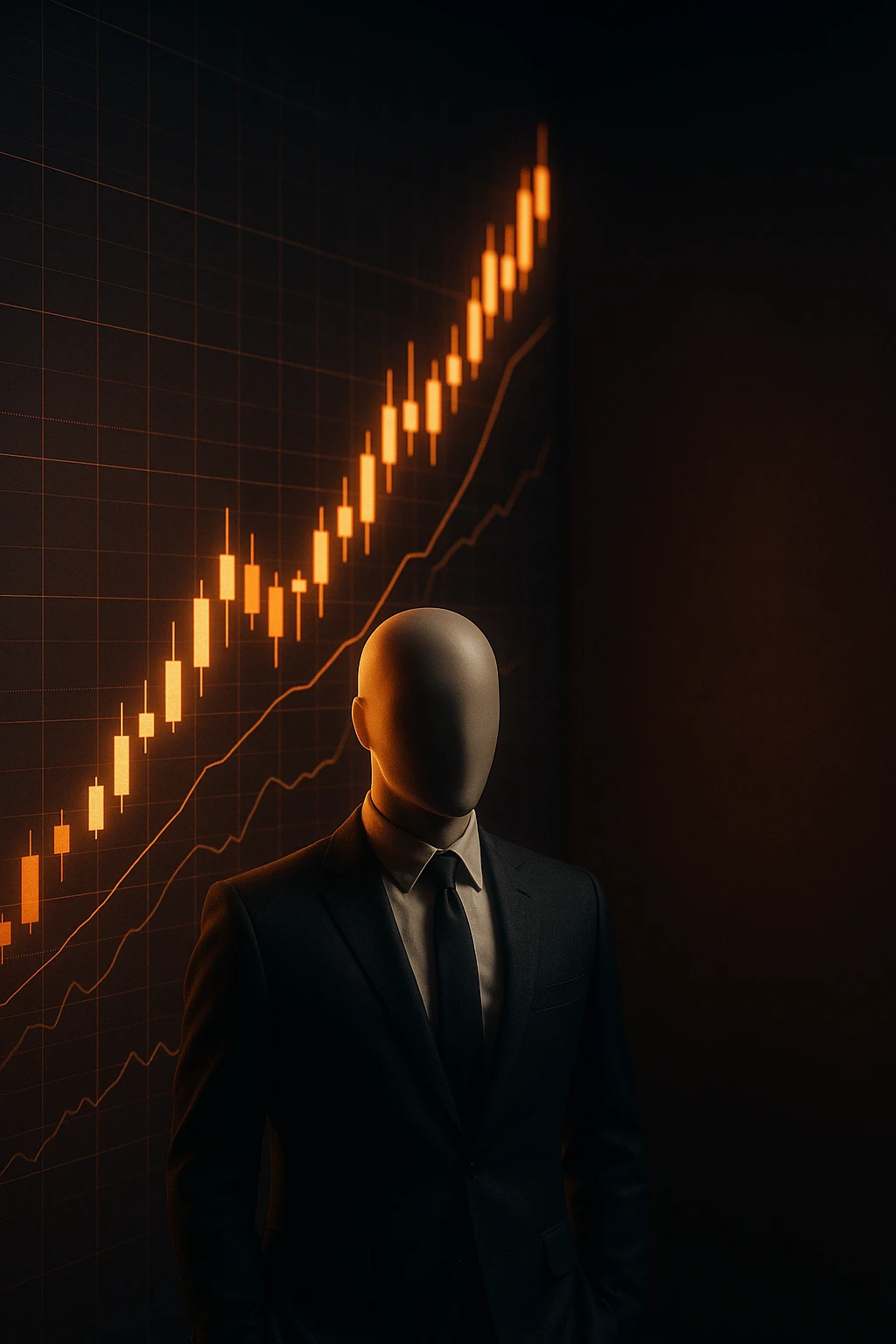 Cinematic 3D render of a faceless mannequin in a suit, standing in front of a giant glowing stock market graph (candlesticks, charts). Large empty wall space on the right for text overlay. Dramatic lighting, deep contrast, epic finance atmosphere. emoji