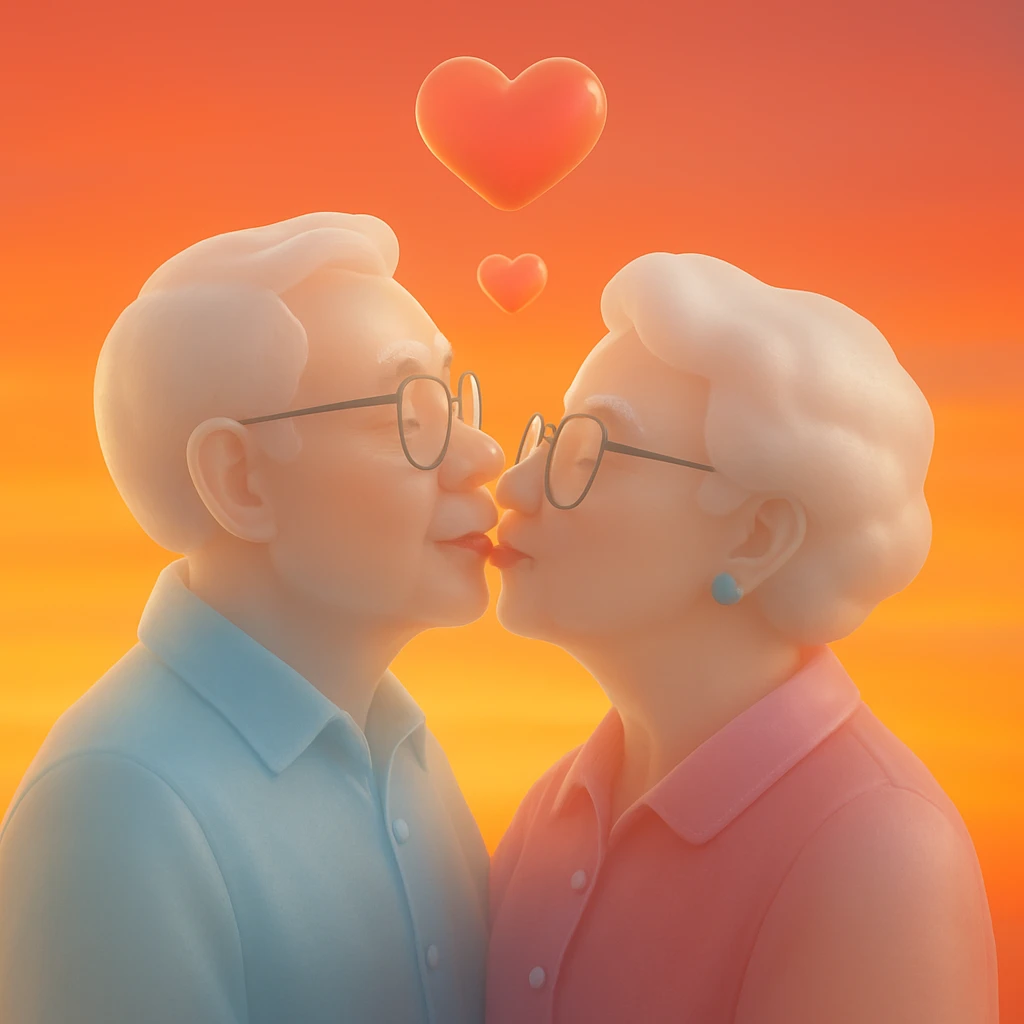 Add a vivid sunset background behind the elderly couple sharing a playful kiss, keep realistic 3D style, vibrant colors, loving atmosphere, warm sunset hues enhancing the affectionate moment. emoji
