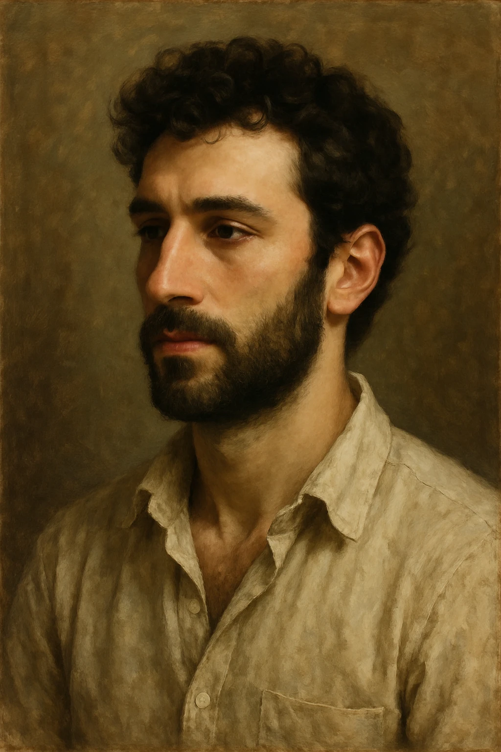 portrait of a handsome white man with dark brown curly hair, beard, prominent nose emoji