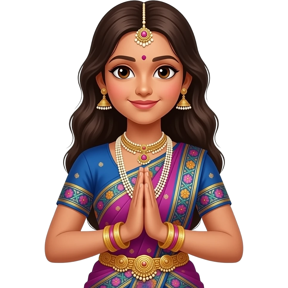 Light brown skin girl in a bharatnataym dress doing pushpanjali emoji