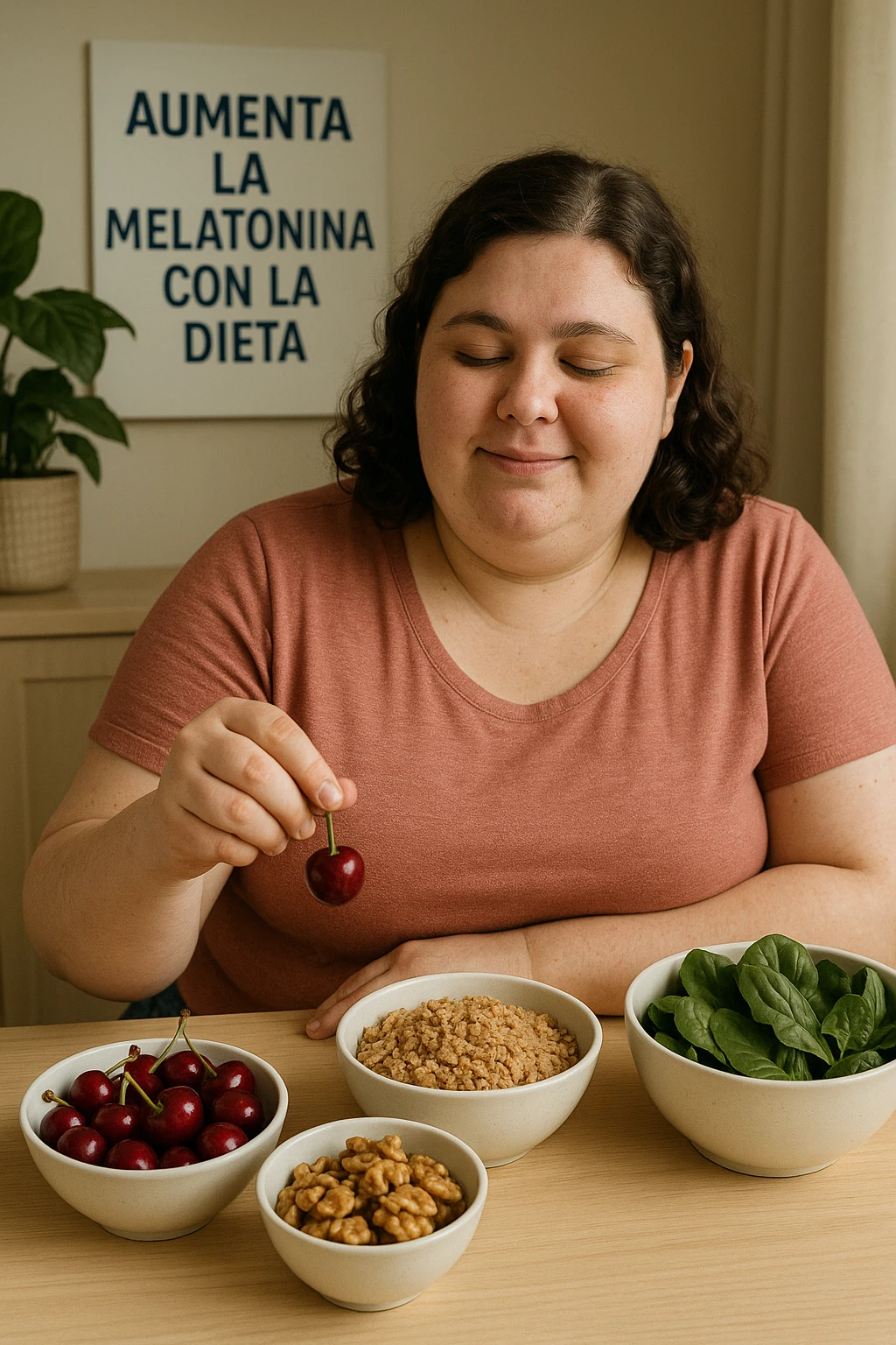 Donna con pcos che cerca di aumentare la sua produzione di melatonina con la dieta immagine realistiche in italiano emoji
