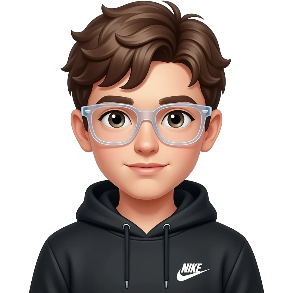 Crea un ragazzo di 13 anni,Serio che indossa gli occhiali finti trasparenti,ha i capelli leggermente mossi e con una felpa nike nera emoji