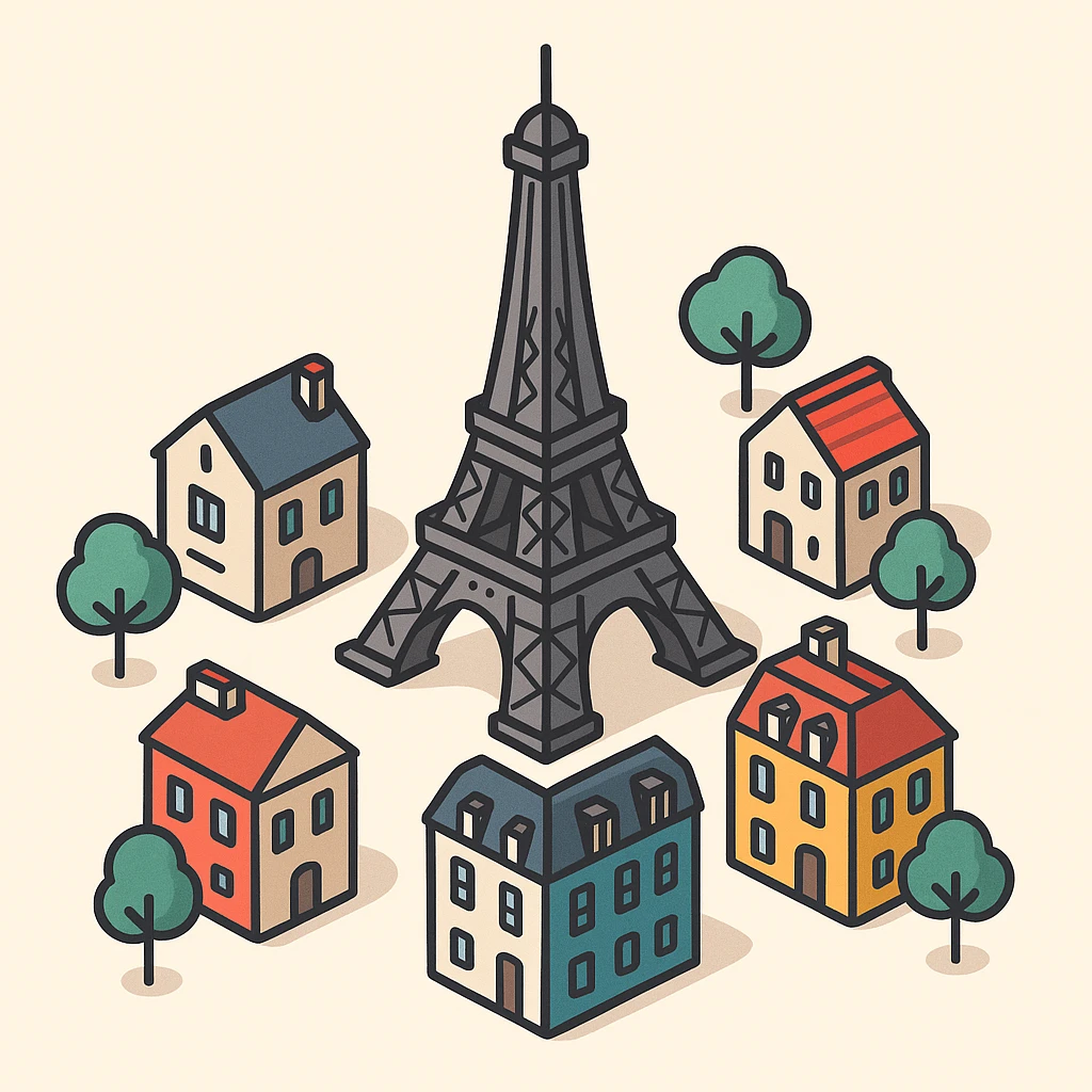Isometric illustration of Paris, featuring the photorealistic Eiffel Tower surrounded by small Parisian buildings and trees, highly detailed in semi-realistic style emoji