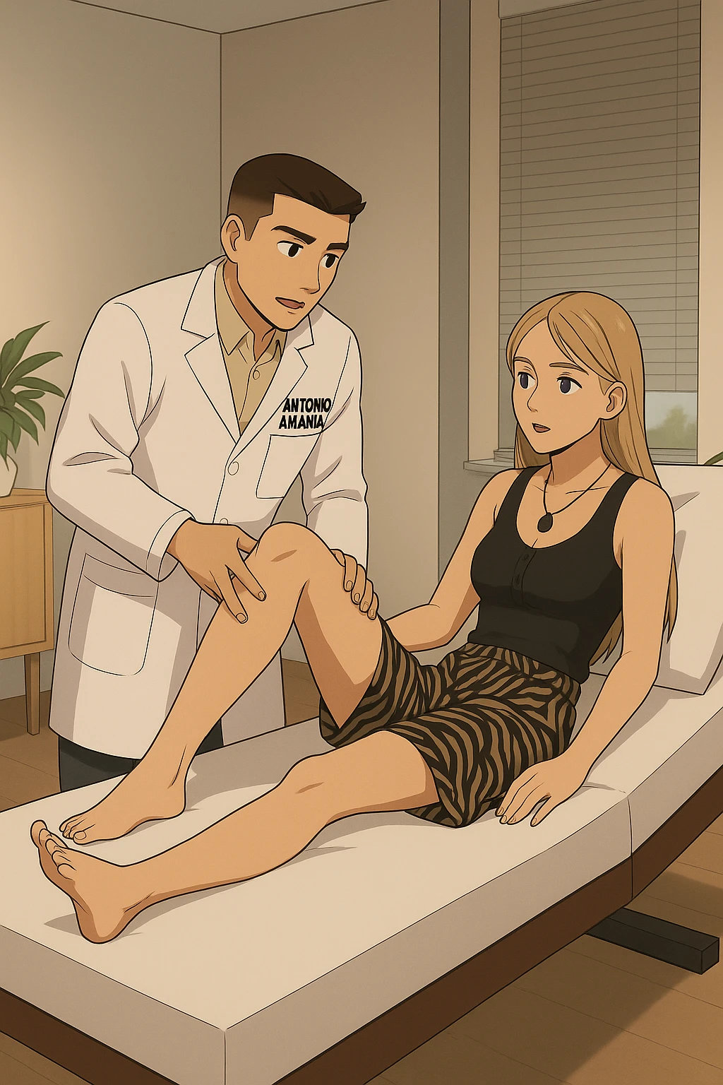 fai un webtoon/manga a colori con questo kinesiologo in camice bianco (fagli la scritta "ANTONIO ANANIA" SUL CAMICE) CHE SVOLGE UN TEST NEUROMUSCOLARE SOLLEVANDO UNA GAMBA ALLA RAGAZZA CHE è STESA SU UN LETTINO BIANCO. STANZA SEMPLICE E MODERNA, DURANTE IL TEST I DUE DIALOGANO TRA LORO. NON FARE I FUMETTI, FAI SOLO LORO COME SE DIALOGASSERO emoji