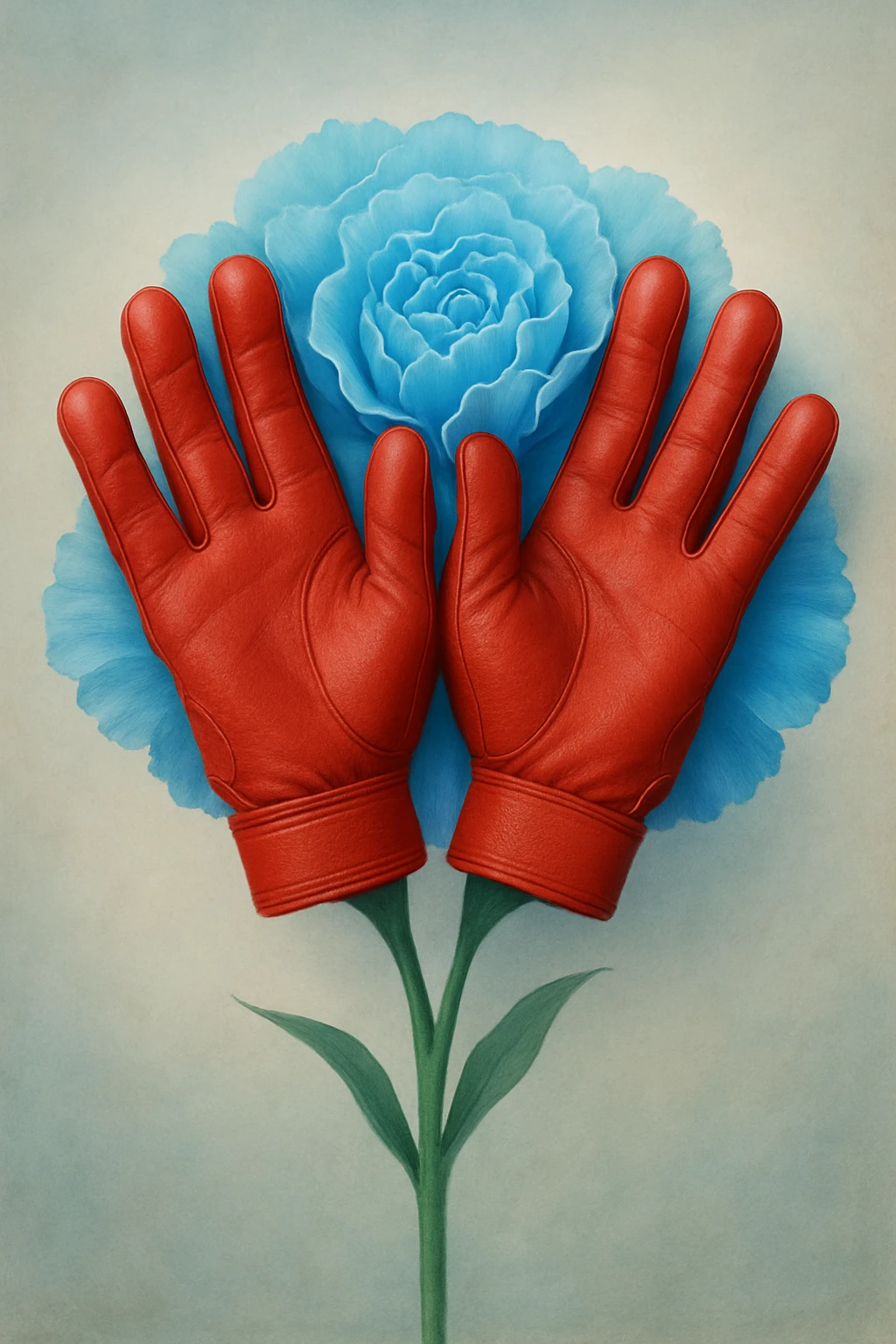 A creative arrangement of two red batting gloves, palms outward, resembling a blue carnation blossom. emoji