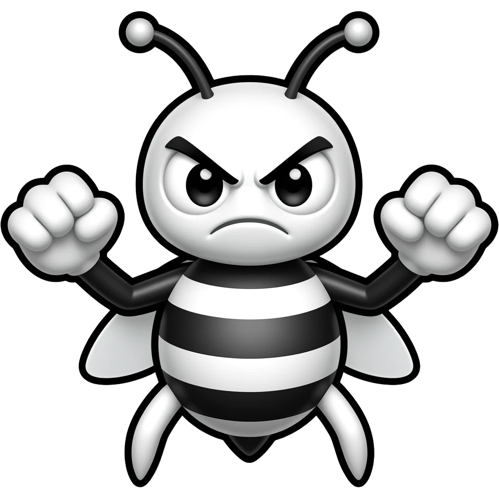 minimalist flat icon, angry bee emoji, black and white cartoon bee, thick bold outlines, white body with black stripes, big round eyes with angry eyebrows, clenched fists, transparent background, flat style, simple shapes emoji