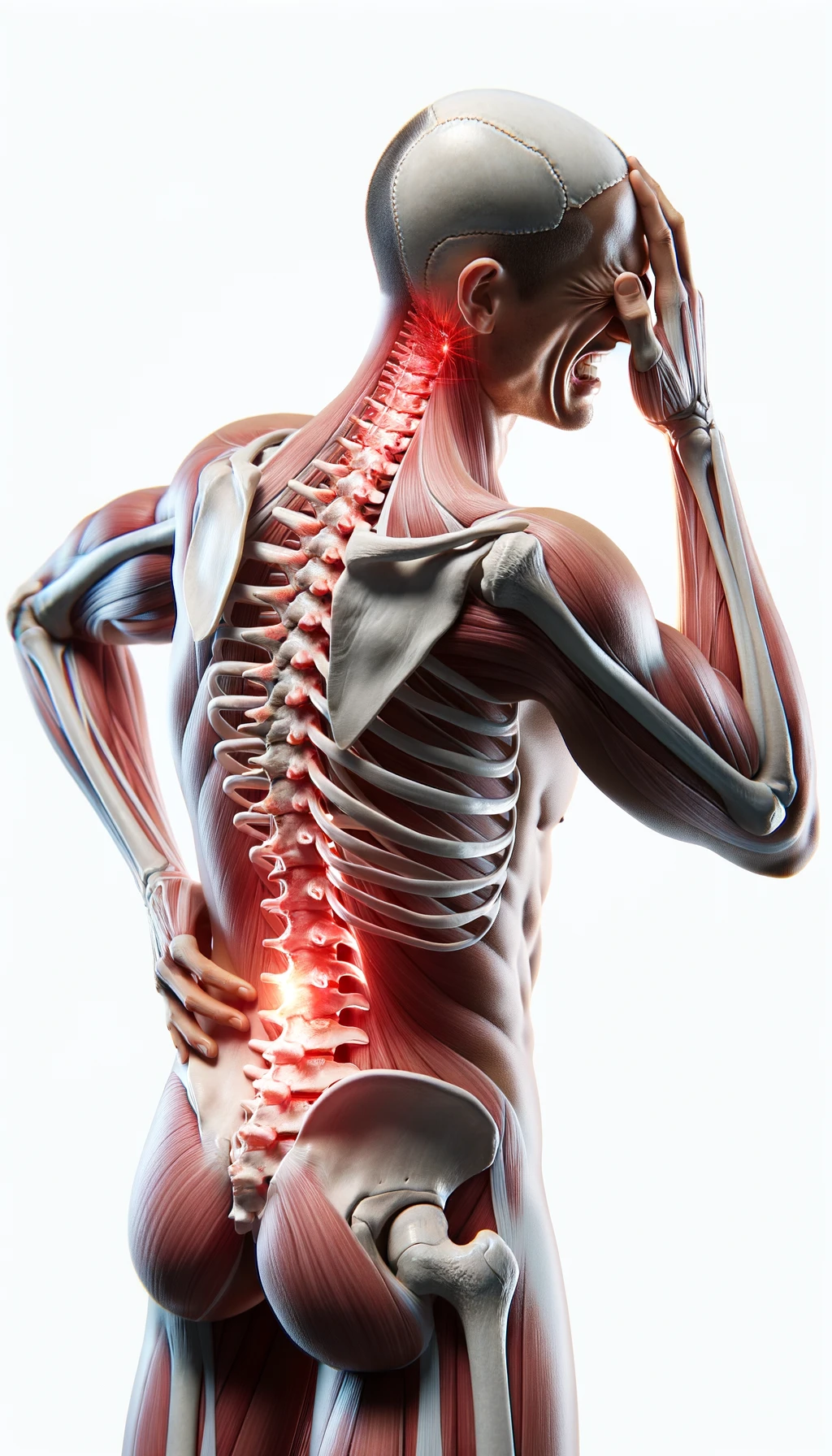 corpo umano anatomico con mal di schiena, espressione di dolore in volto, spina dorsale in evidenza, iperrealistico 4k , sfondo bianco emoji