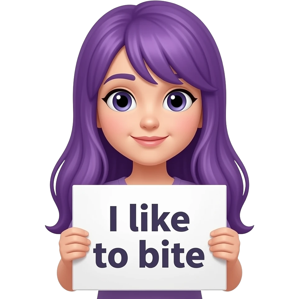 girl with long purple hair holding a I like to BITE sign emoji