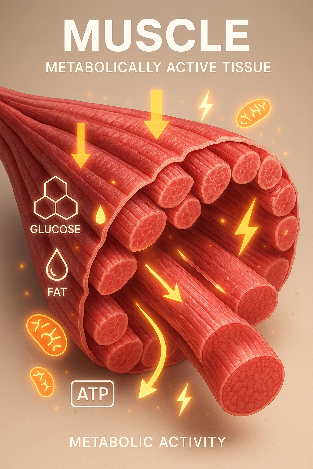 a highly detailed cross-section of human skeletal muscle fibers, shown in vibrant red and pink tones, with visible striations and realistic texture. Glowing arrows and animated icons represent active metabolic processes—such as glucose uptake, fat oxidation, and ATP production—occurring within the muscle tissue. Surrounding the muscle, floating symbols for mitochondria and energy highlight its metabolic activity. The background is clean and clinical, with subtle labels and infographics explaining that muscle is a metabolically active tissue. The overall style is modern, scientific, and visually engaging, suitable for educational or medical use. emoji