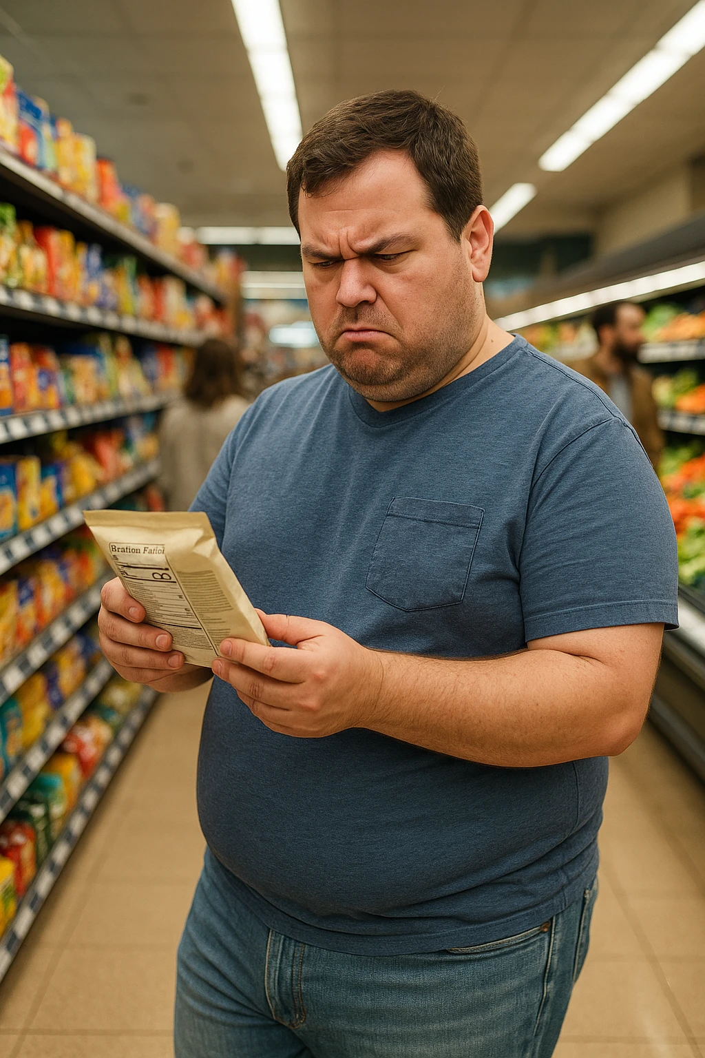 a man in casual clothes walks through a grocery store, looking at a nutrition label with a furrowed brow. Despite choosing healthy options, his body remains overweight. Other shoppers pass by, and the lighting is natural, capturing a moment of everyday life and genuine confusion. emoji