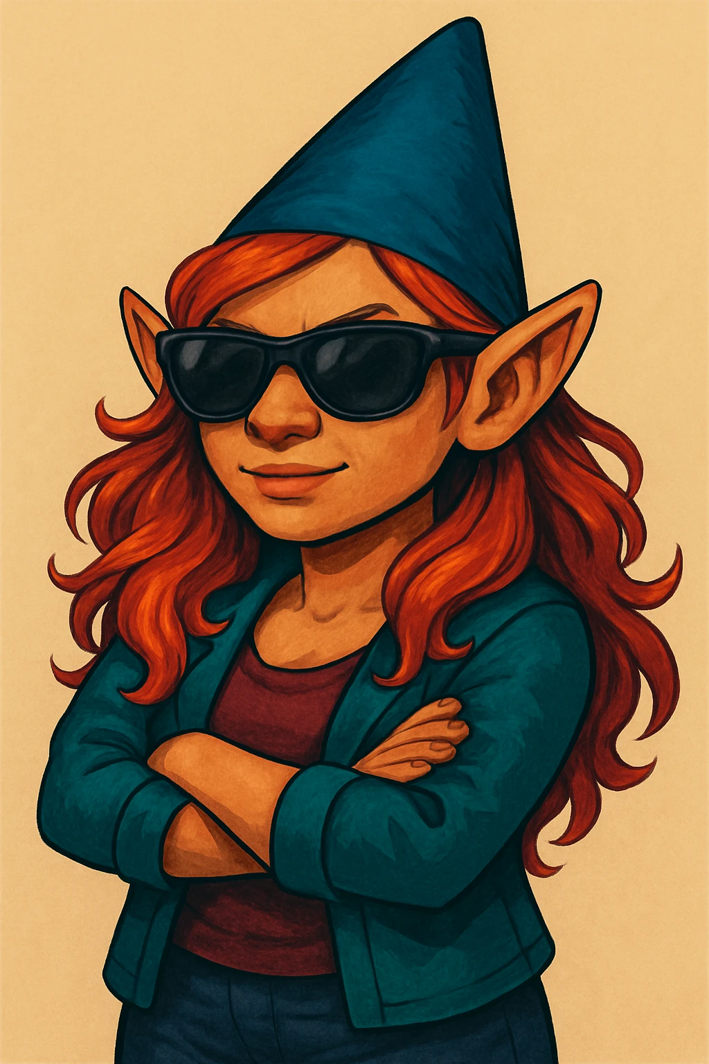 Change the sunglasses on the female gnome to sporty, wraparound style sunglasses. Keep the rest of the image intact. emoji