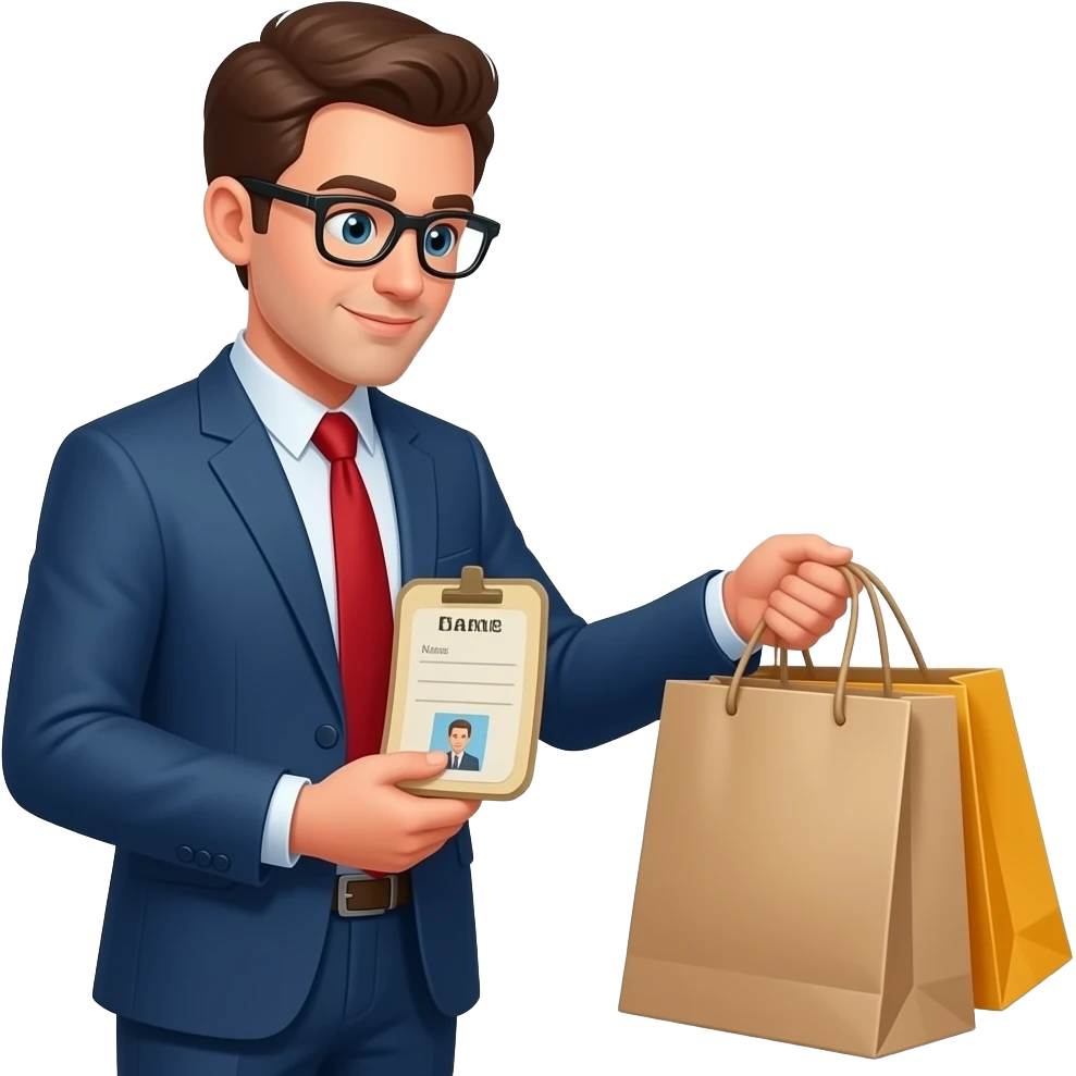 man checking name label on shopping bag. informally dressed and name label says name on it emoji