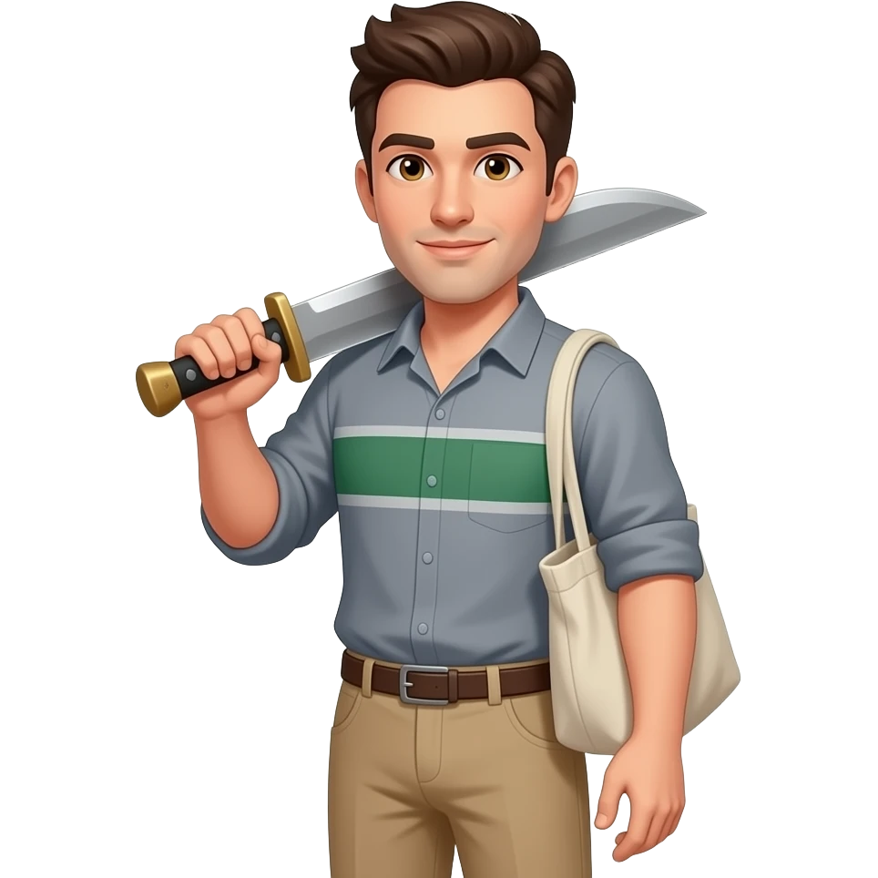 Un hombre de ojos color miel con café claro, con pantalón color beige, playera color gris con franja color verde a la altura del pecho, cabello color oscuro peinado hacia arriba tipo moja, cargando un costal en el hombro tipo machetero cuerpo completo emoji