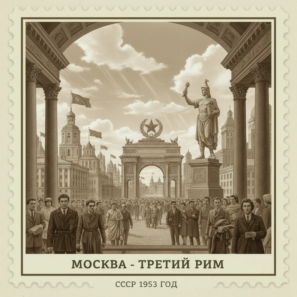 Москва - третий Рим. СССР 1953 год

Стилизуй изображение под марку как на фото emoji