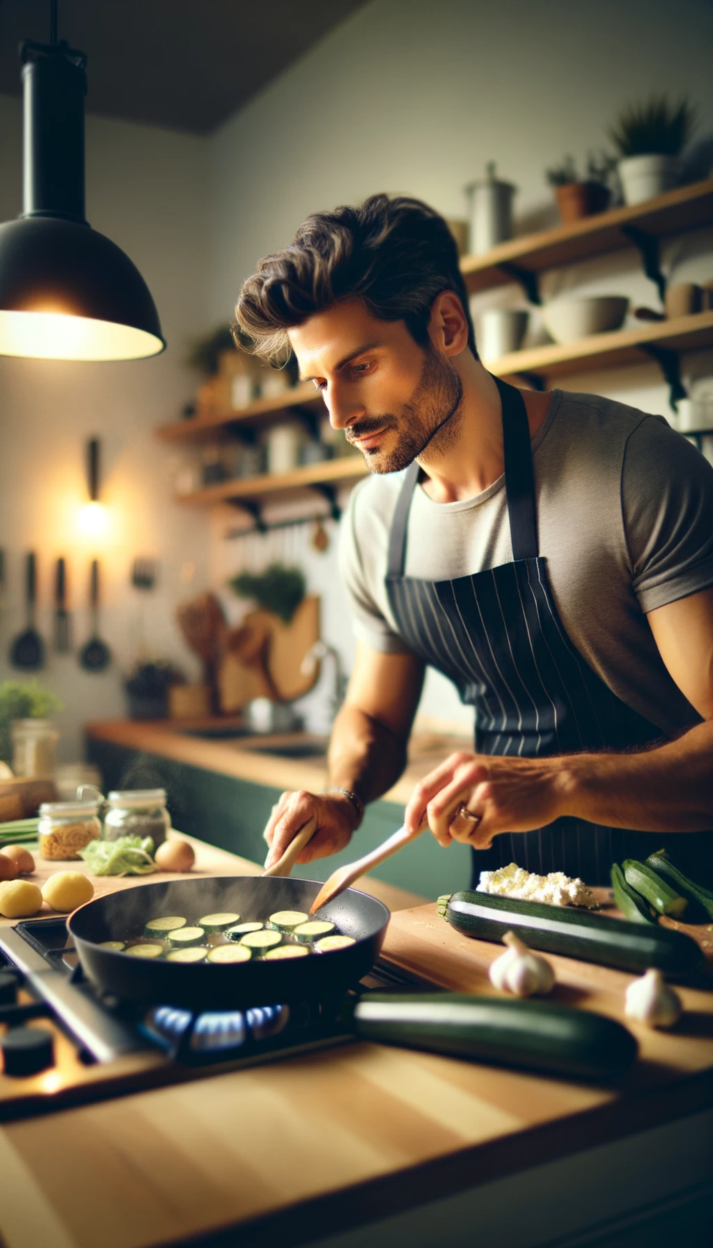 uomo con capelli corti con grembiule nero che cucina una ricetta con zucchine, gnocchi e ricotta, cucina sfocata sullo sfondo emoji