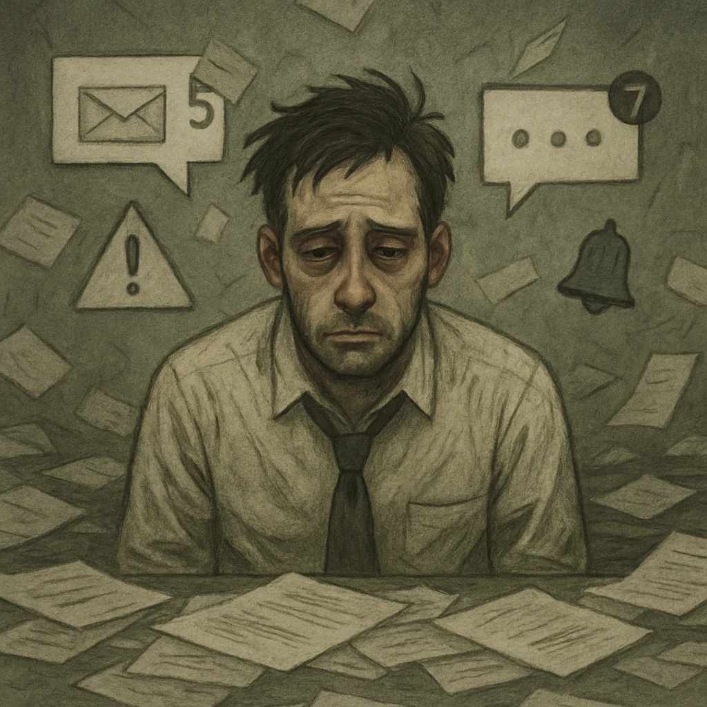 A person experiencing burnout, looking exhausted and overwhelmed, with dark circles under their eyes, slumped posture, and a chaotic background of paperwork and digital notifications. emoji