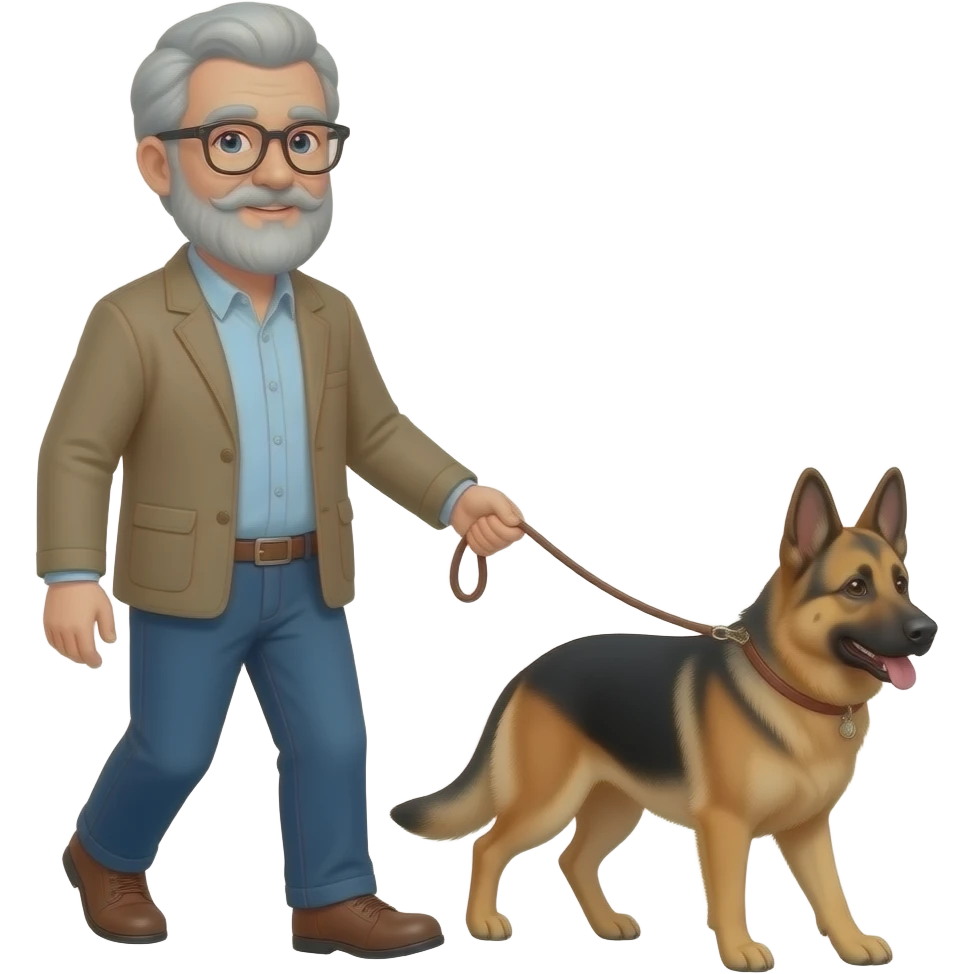 Emoji of an Older  man with  gray hair beard and glasses Man walking shepski dog on a leash emoji emoji