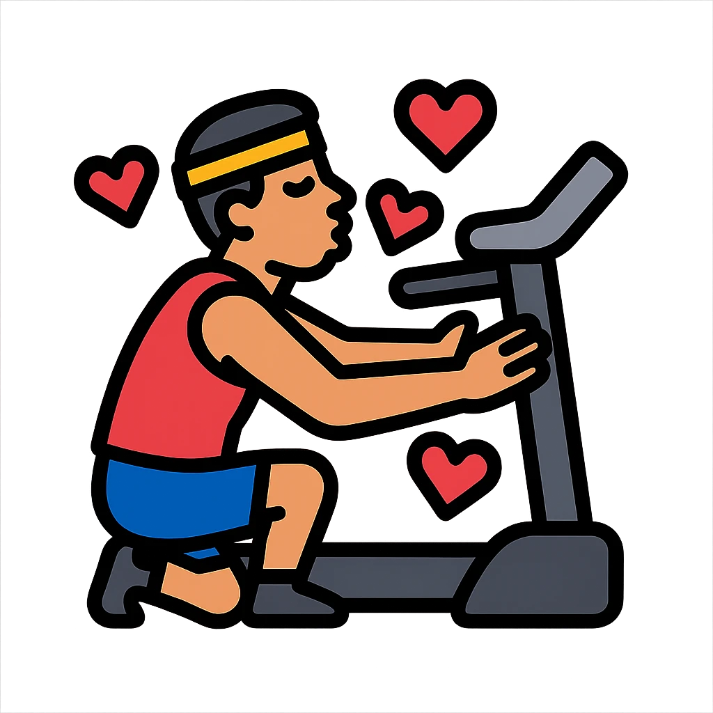 the sportsman is hugging and kissing the treadmill. They are surrounded by red hearts emoji