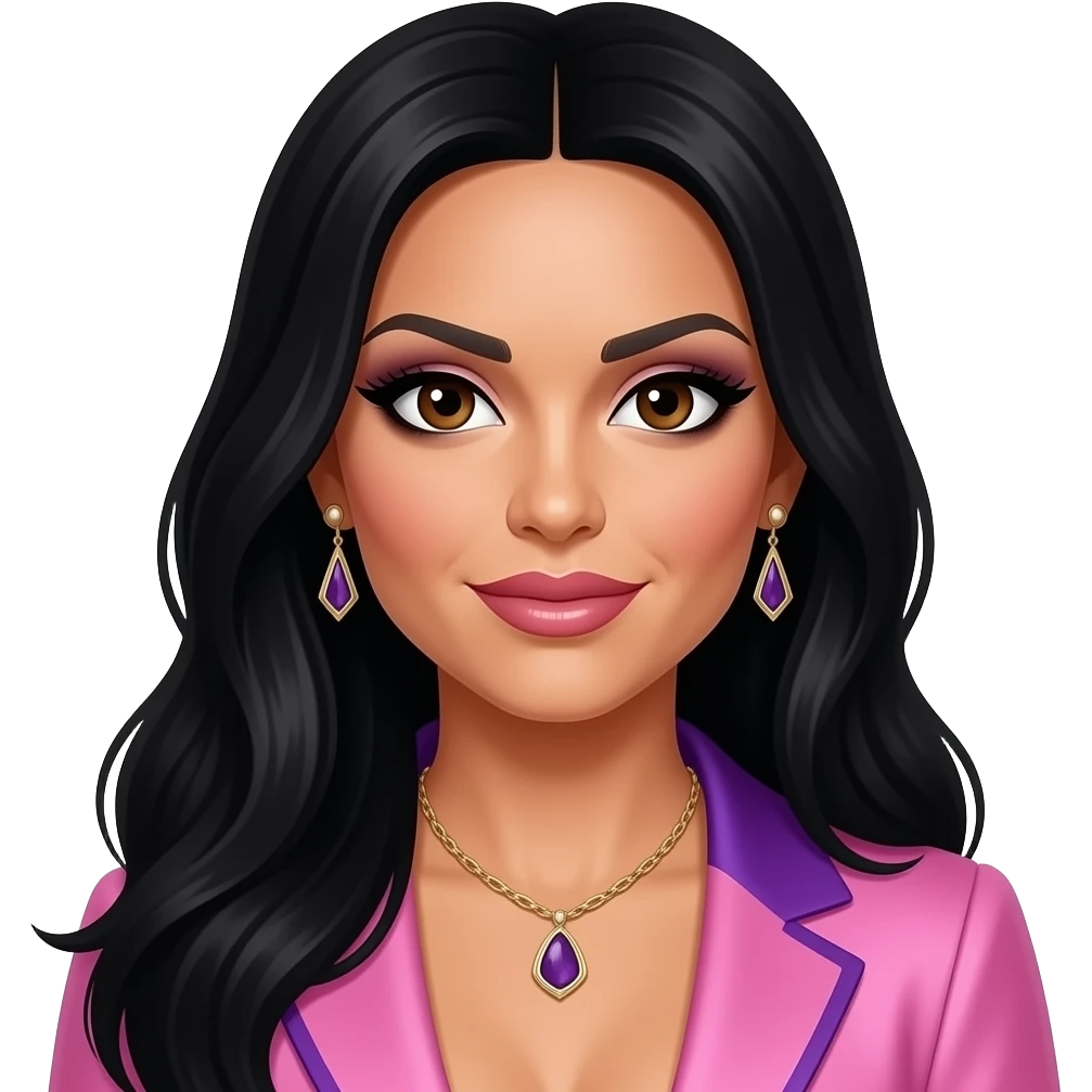 Nicole Scherzinger from The Pussycat Dolls with dark brown eyes, long black hair, pink and purple cabaret outfit, necklace and earrings emoji
