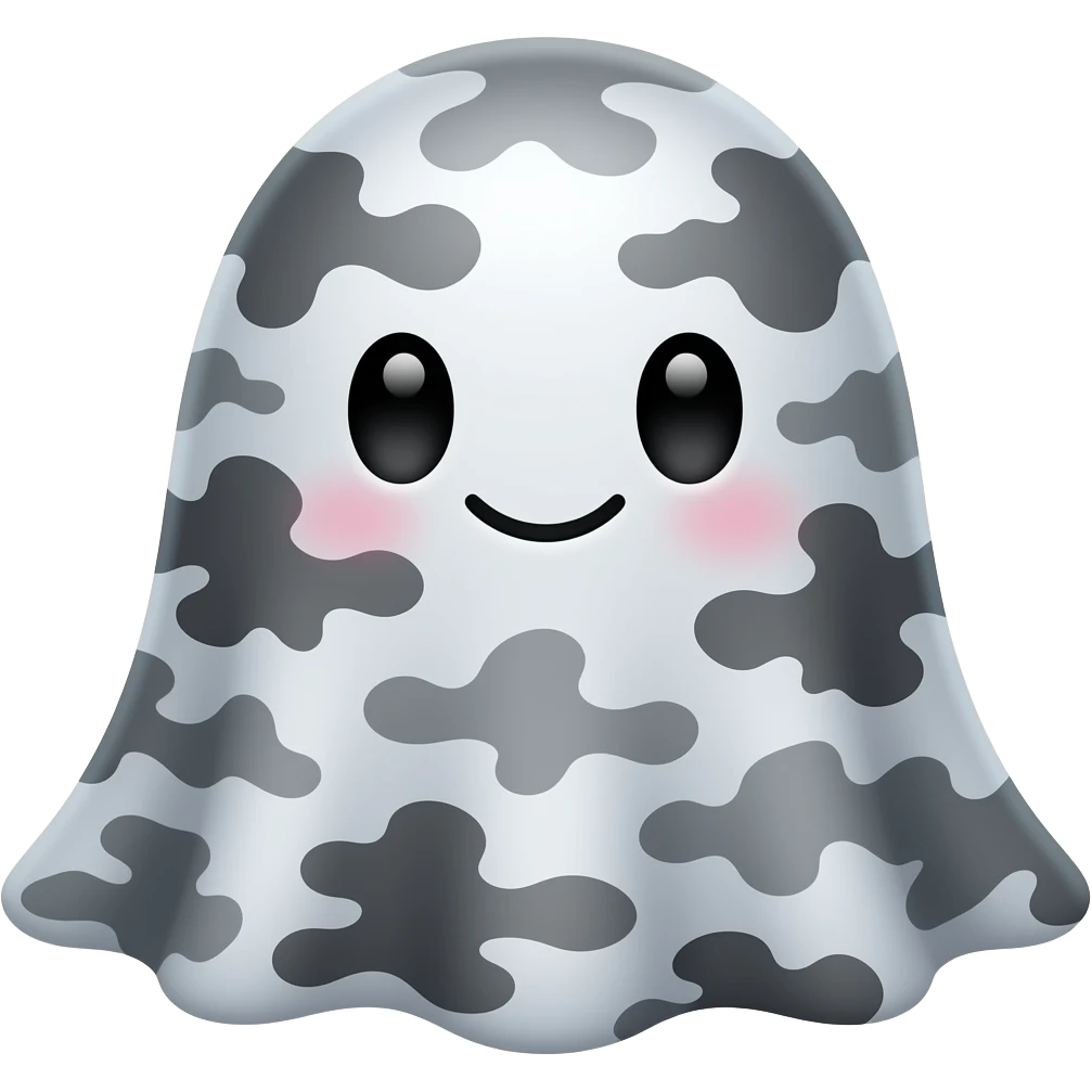Kawaii black and white camouflage ghost with little smile emoji